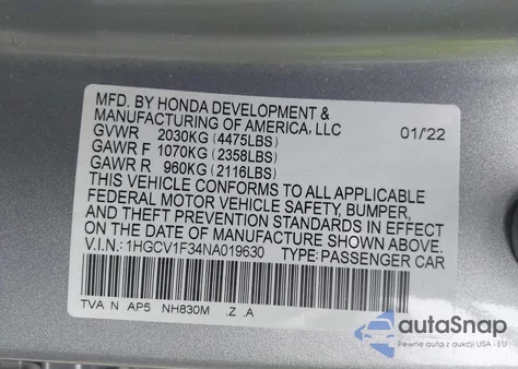 2022 Honda Accord Sport из США, поврежденный, VIN 1HGCV1F34NA019630